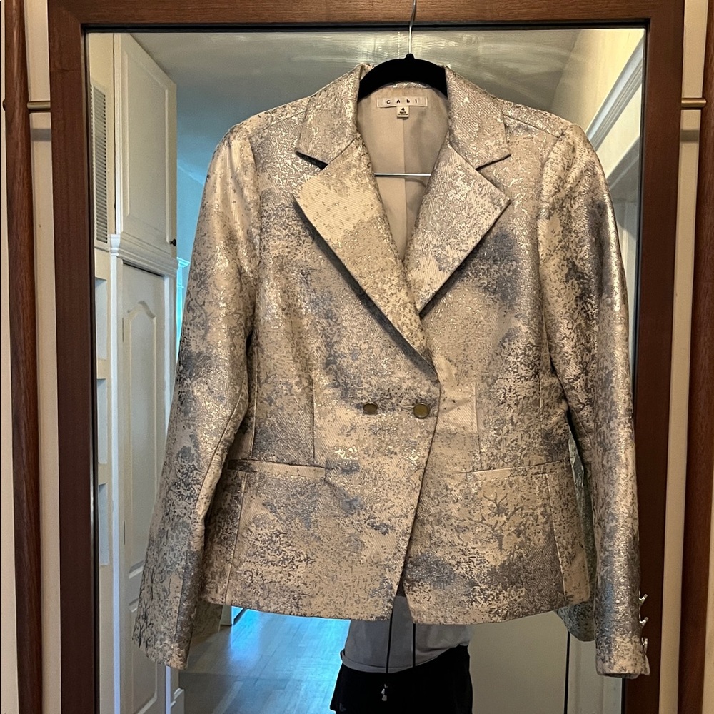 Cabi Double-Breasted Jacket (4) Metallic Silver Blazer, button details